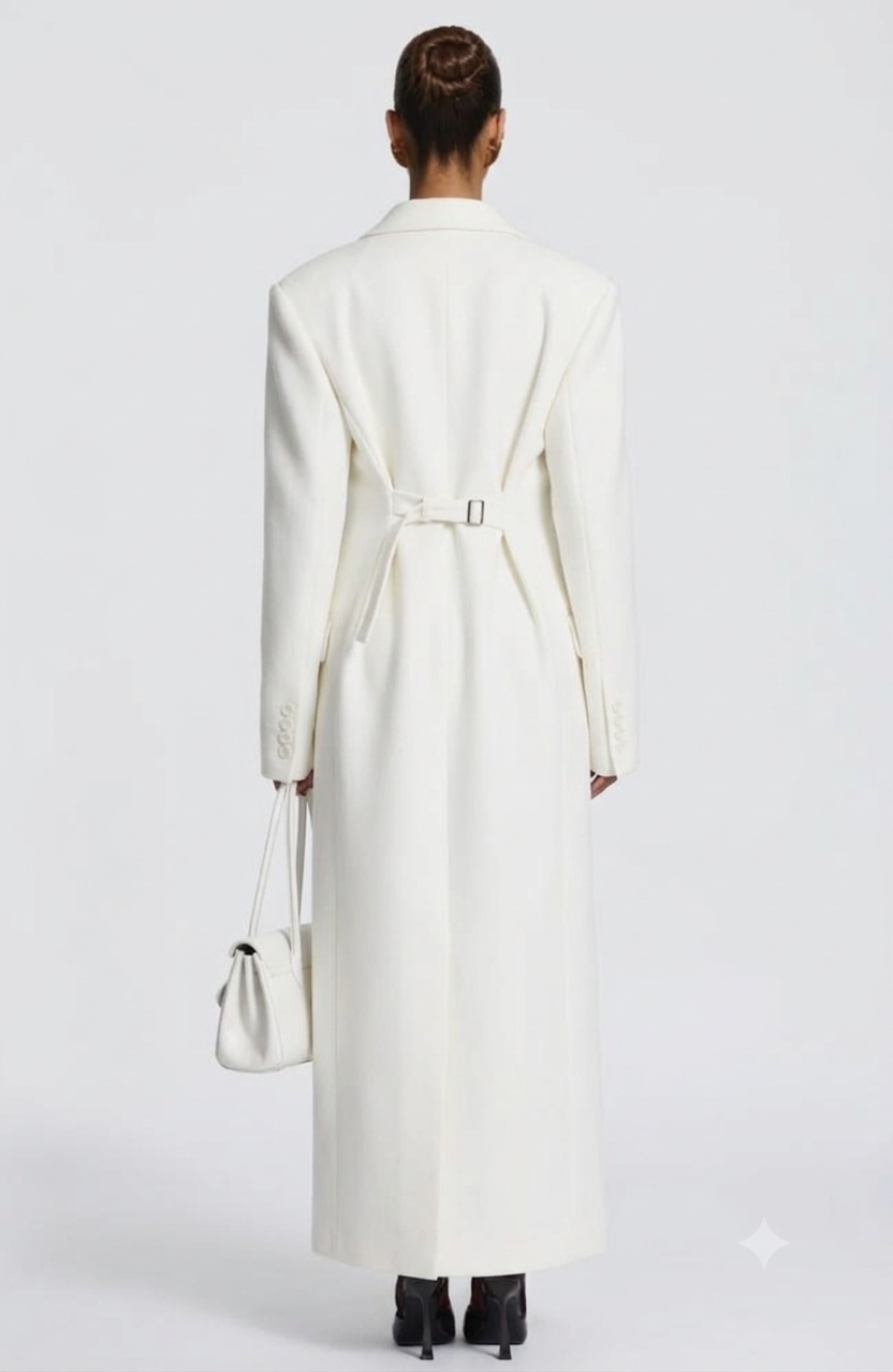 Cappotto Maxi Doppio Petto Sartoriale Caratterizzato da spalle definite, ampi revers e un’elegante allacciatura a doppio petto, è il capo definitivo per elevare i tuoi outfit invernali con un tocco di lusso discreto e minimalista.