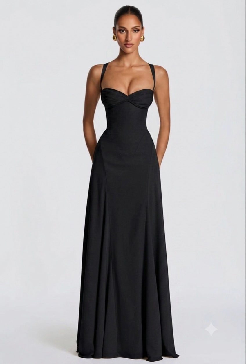 Abito Lungo Aura Corset Elegante ed esclusivo, l'abito lungo Aura ridefinisce la silhouette femminile con un corsetto delicato e spalline incrociate sul retro.