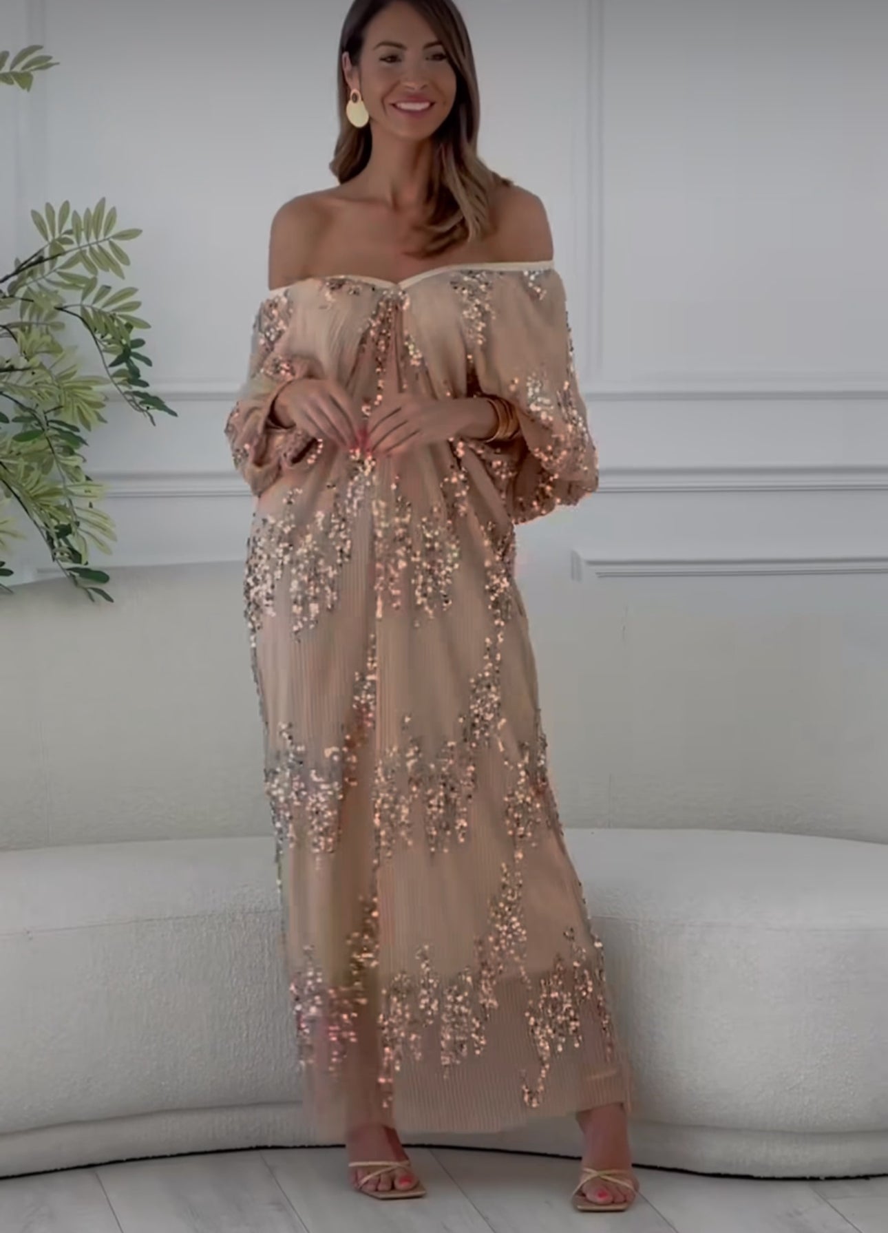 Vestito Long Dress nude  in tulle foderato con paillettes vestibilita morbida comoda Made in Italy taglie 38 alla 56
