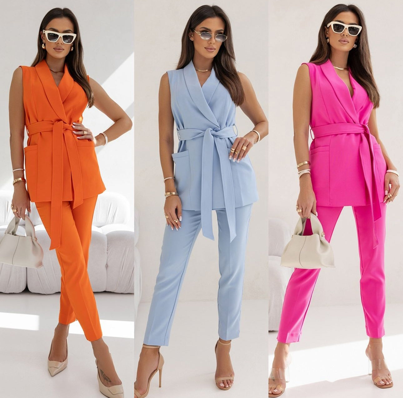 Tailleur STELLA Blazer Smanicato con Cinta e Pantaloni Sigaretta Made in Italy