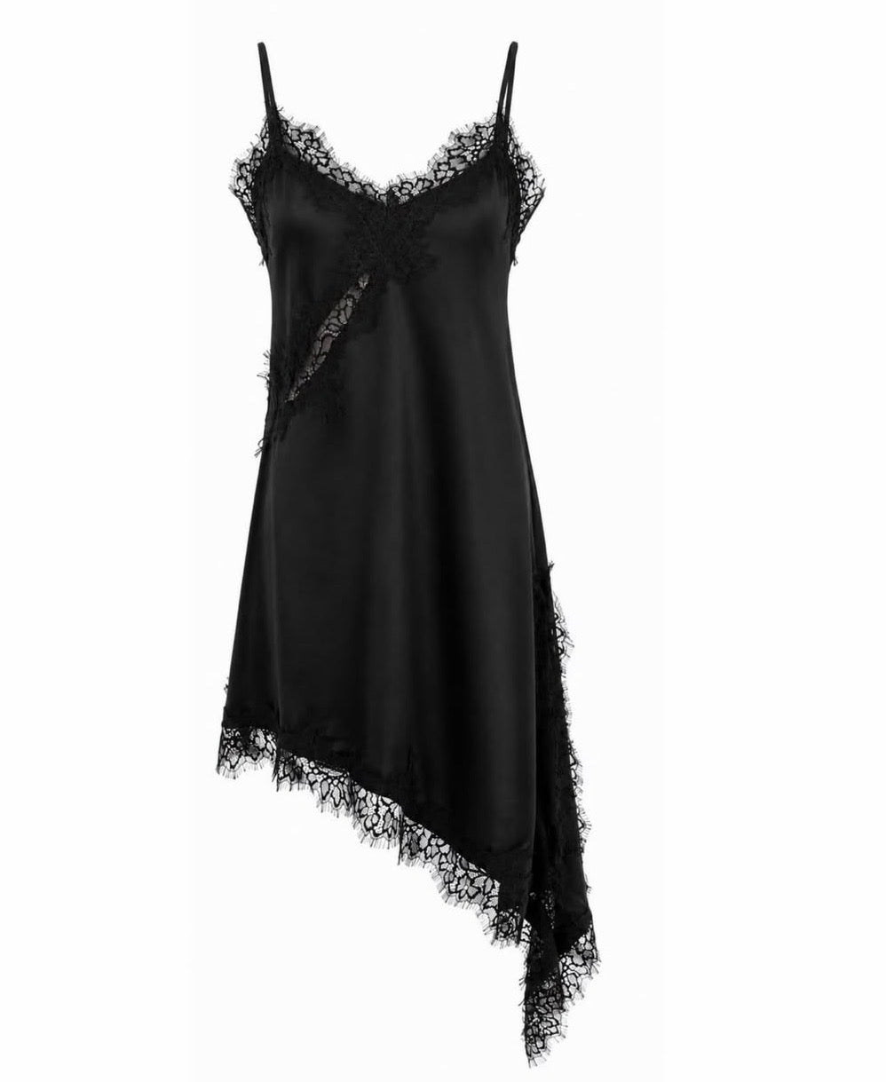 Completo Debora Abito Slip Asimmetrico con Pizzo Nero e Jeans a Gamba Larga con Dettagli