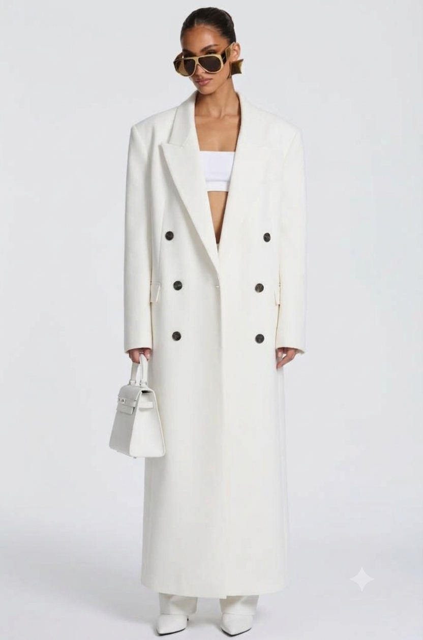 Cappotto Maxi Doppio Petto Sartoriale Caratterizzato da spalle definite, ampi revers e un’elegante allacciatura a doppio petto, è il capo definitivo per elevare i tuoi outfit invernali con un tocco di lusso discreto e minimalista.