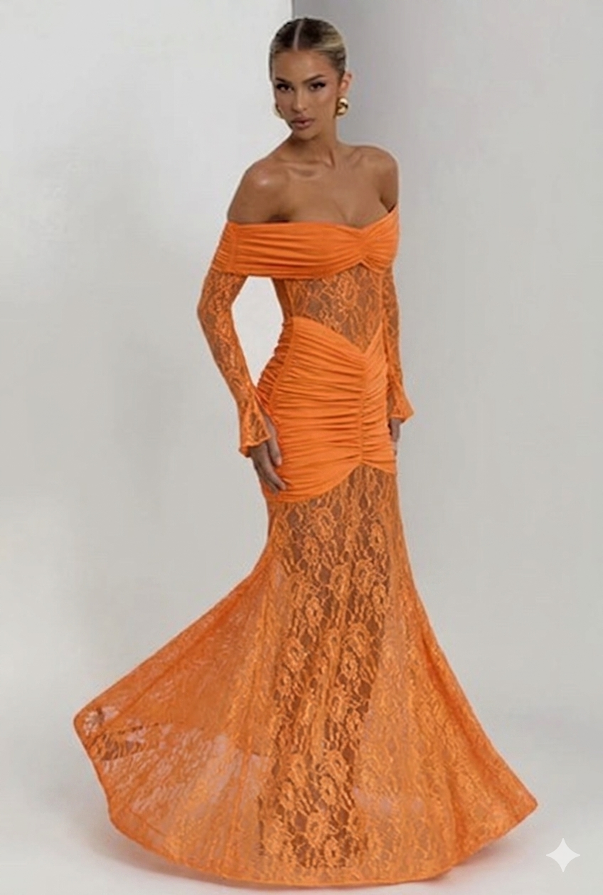 Abito AMIRA Trasparenze audaci e drappeggi perfetti. Scopri l'abito lungo in pizzo e mesh che ridefinisce l'eleganza per i tuoi eventi speciali.